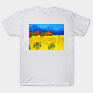 Landscape with yellow filed and blue hills T-Shirt